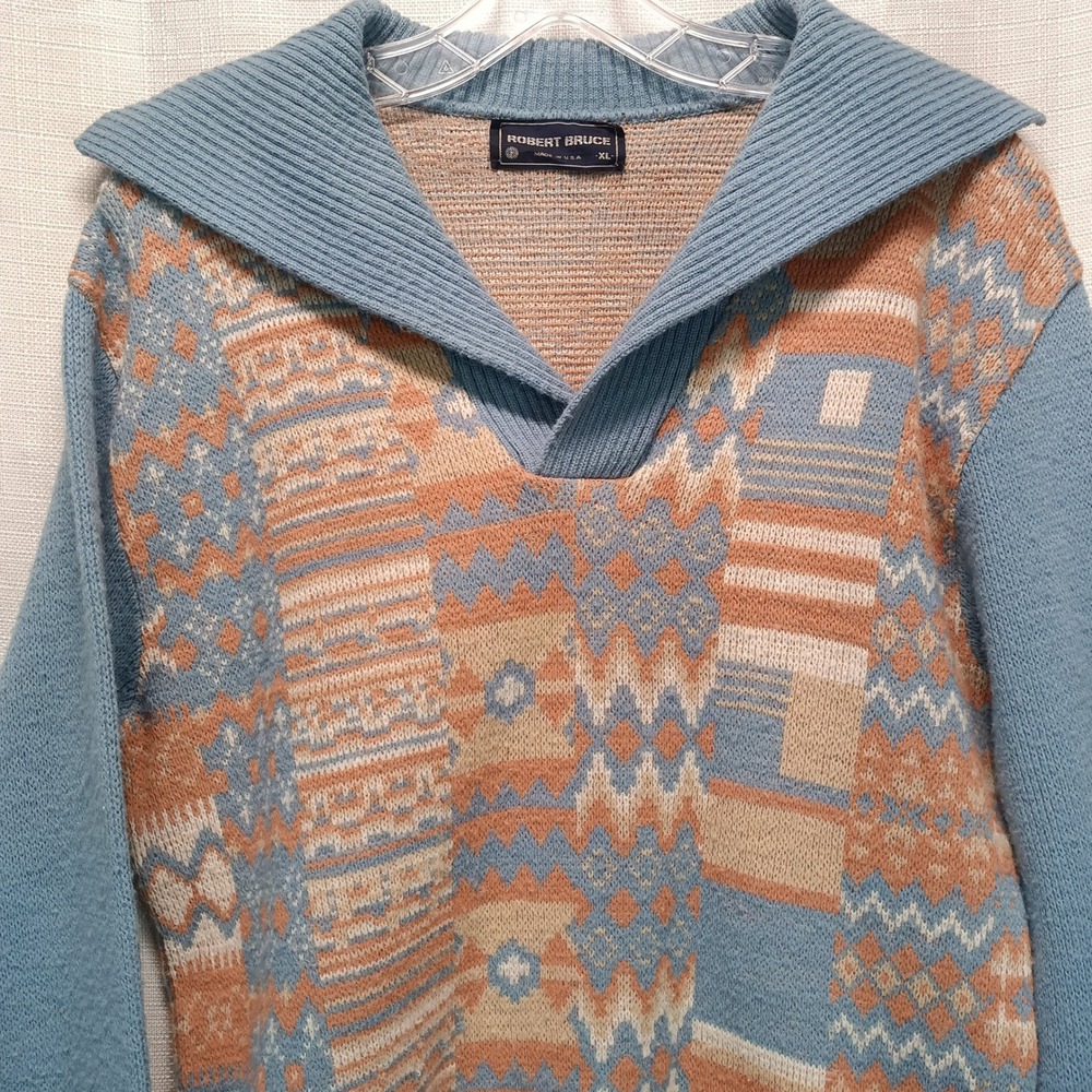 Vtg Robert Bruce Geometric Knit Sweater Blue Orange XL USA Made Sailor Collar - Picture 2 of 5